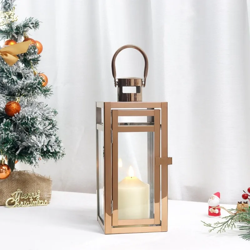 

ABKY-Glass-Lined Rose Gold Stainless Steel Lantern-Vintage Candle Holder For Home And Outdoor Decor Lighting