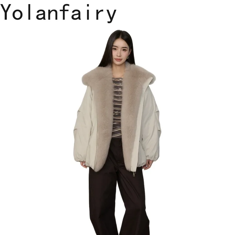 YOLANFAIRY High Quality 90% White Goose Down Jackets Woman Winter Fox Fur Collar Warm Puffer Parka Elegant Down Coat Casacos