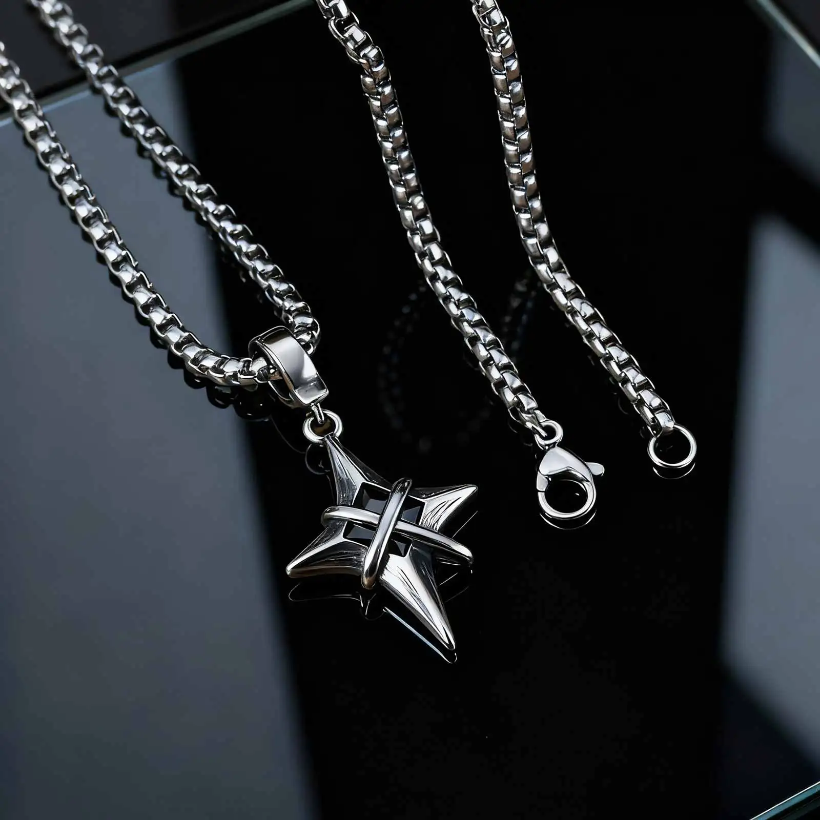 Minimalistische Mode Schwarz Zirkon Stern Kreuz Anhänger Edelstahl Halskette für Männer, Punk Hip Hop Schmuck Geschenke – Detail 4