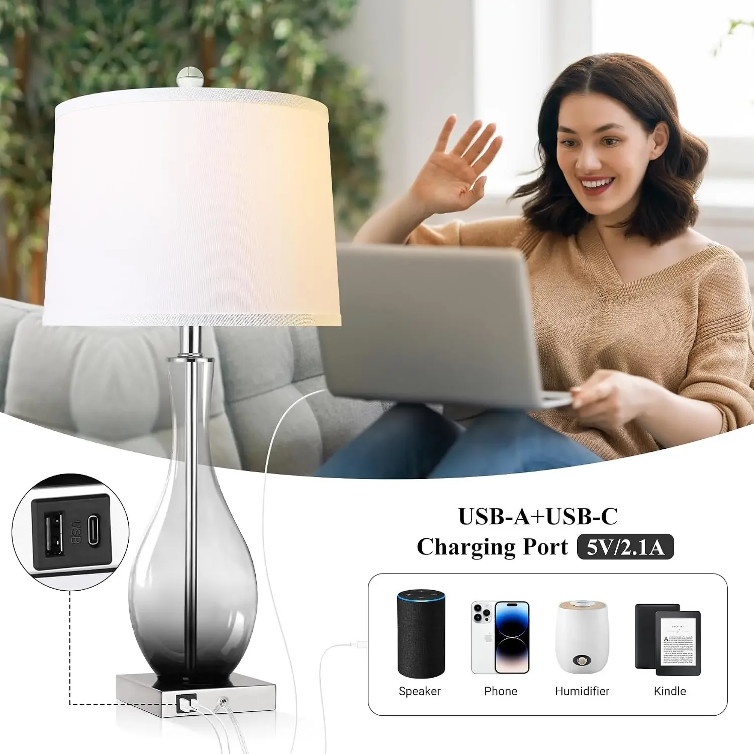 27" Glass Table Lamps with USB-C & USB-A, Touch 3-Way Dimmable, Set of 2, Gray Gradient, E26 Base, Bulbs Included view 3
