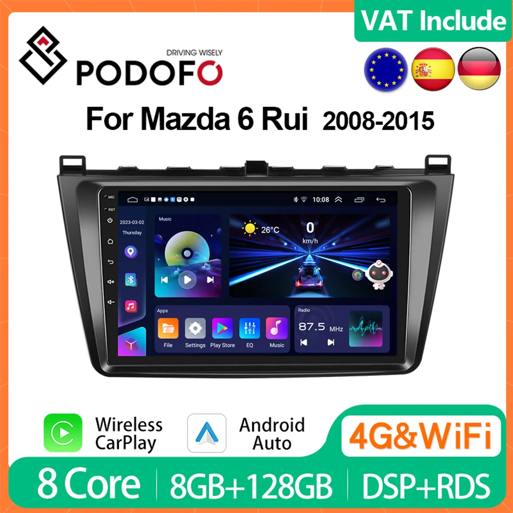 Podofo 4G 2din Android CarPlay Car Radio for Mazda 6 Rui 2008-2015Multimedia Video Player GPS Navigation Head Unit HiFi Stereo