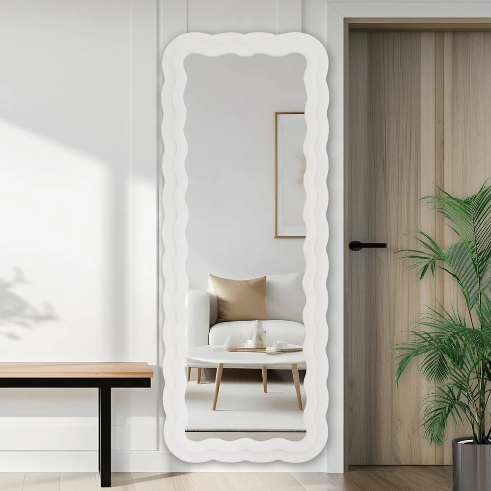 Full Body Mirror Wall Mounted Floor Mirror with Stand Ivory Flannel Wrapped Wooden Frame Leaning Hanging Wall Mirror