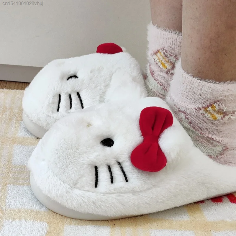 Sanrio Hello Kitty słodkie styl bajki Anime kapcie futrzane kobiece Y2k Kawaii odzież wierzchnia nowa, jesienna zimowe ciepłe odzież domowa