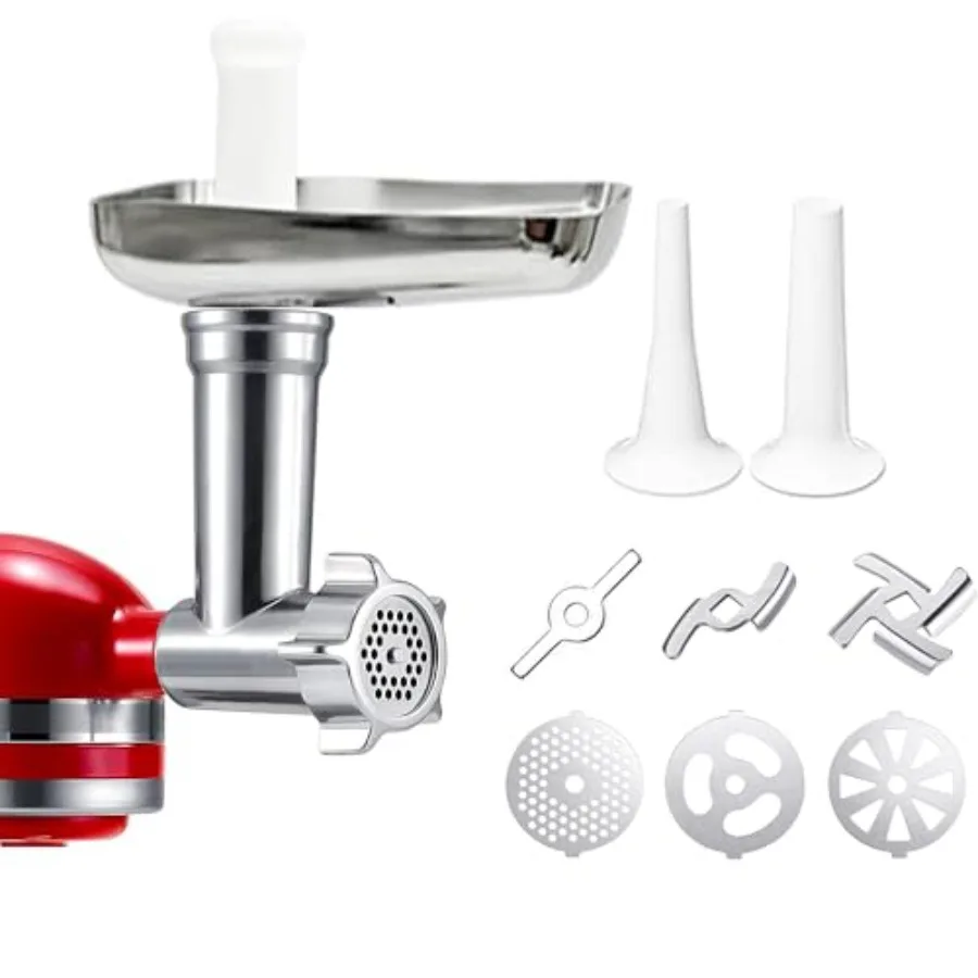 

KitchenAid stand mixer attachment: stainless steel meat grinder with 4 plates 2 blades 2 sausage stuffer tubes holder burger pr