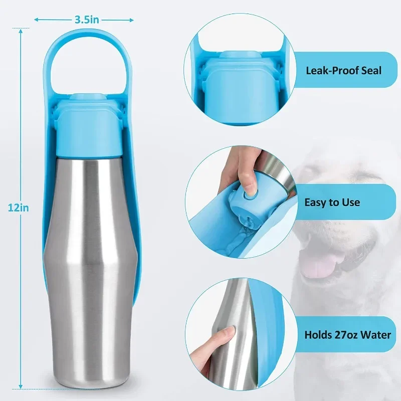 Pet Drinking Cup Portable Stainless Steel Cat and Dog Outdoor Water Bottle, Sturdy and Durable Leak-proof Outdoor Dog Cup