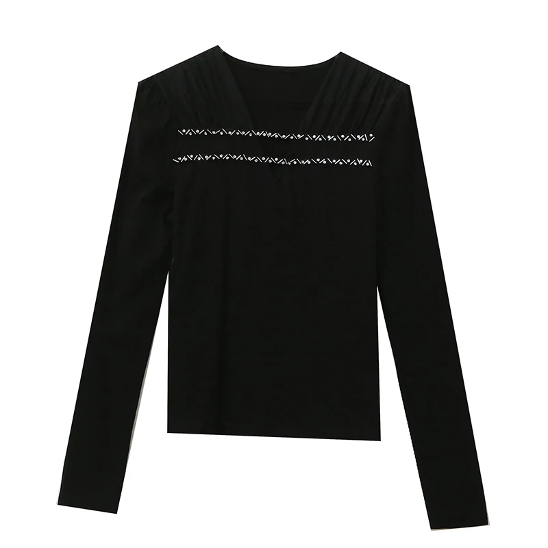 مثير الجوف خارج V-Ne طويل Sve المرأة قاعدة irt Me لصق تي شيرت Ele سليم صالح العصرية مزيج القطن الخريف جديد Arr...