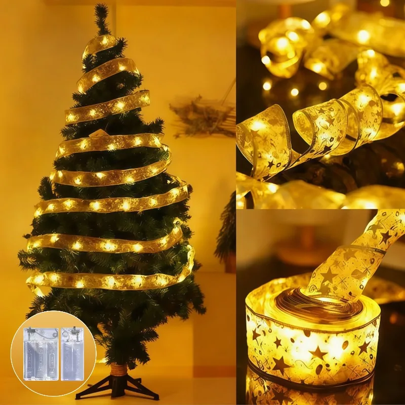 Mini Ribbon LED Fairy Lights Battery Operated Gold Silver Strip Design Warm White Colorful Light for Christmas Tree Room Party