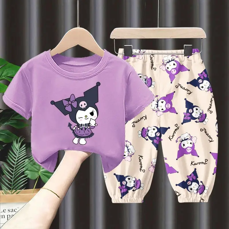 Kawaii Kuromi Children Summer Sanrio Tshirt Cute Cartoon Light Thin Mosquito Prevention Ventilate Two Piece Set Toys Girl Gifts