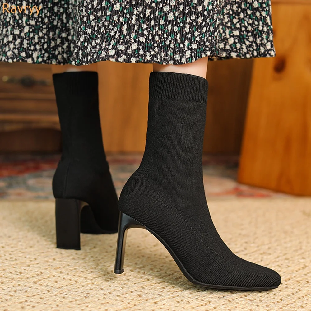 

Knitting Stretch Fabric Sock Boots Women Square Toe Stiletto Heel Ankle Boots Black Brown Sewing Fashion Sexy Boots