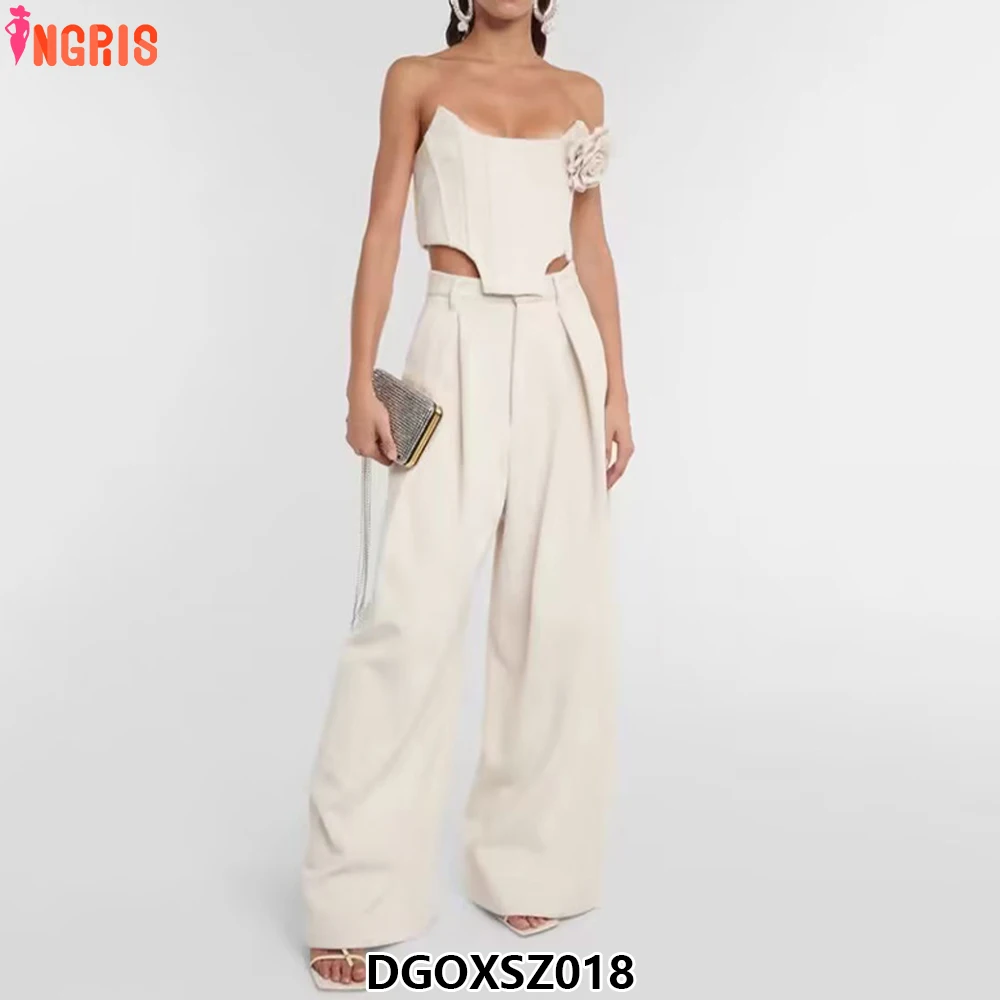 

Fashion Tubeless Herringbone Waist Casual Wide Leg Pants and Tops Two-Piece Set for Women-DGOXSZ018