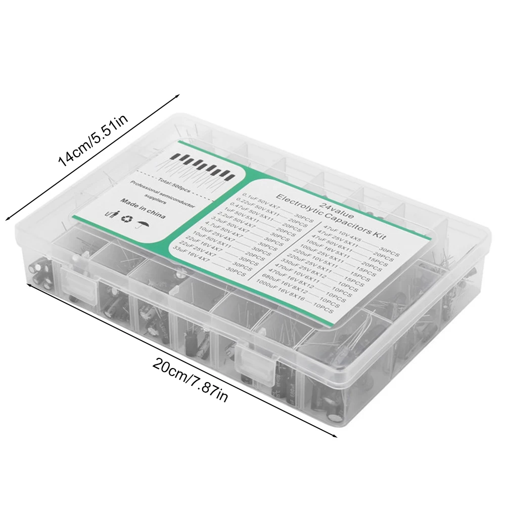 500Pcs 24 Nilai 16-50V 0.1-1000uF Kit Beragam Kapasitor Elektrolit Kapasitor Elektrolit Logam Kit Kapasitor Tegangan Rendah