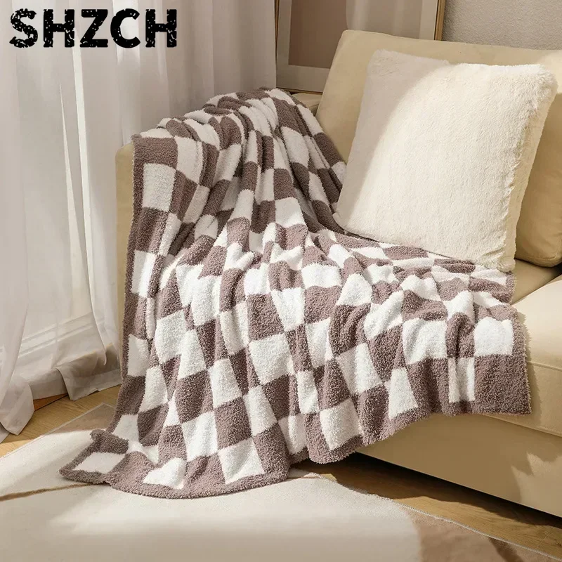 Checkerboard Plush Throw Blanket Super Soft Sherpa Fleece with Chunky Knit Texture Modern Geometric Cozy Blanket for Home Decor