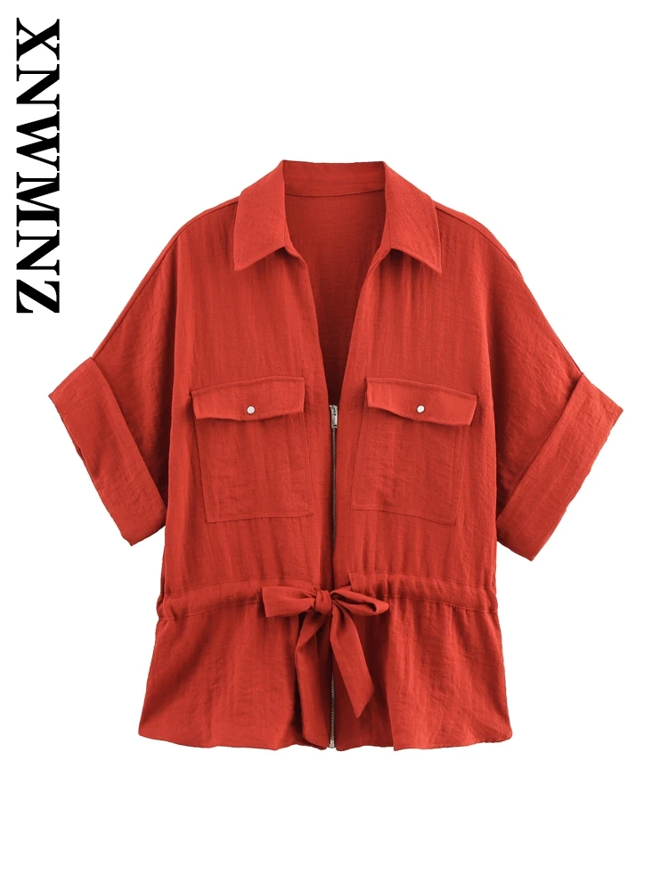 

XNWMNZ 2025 Summer Woman's Vintage Simple tie-waist Top Fashion Spring Female half Sleeve Turn-down Collar Shirt Casual zipper