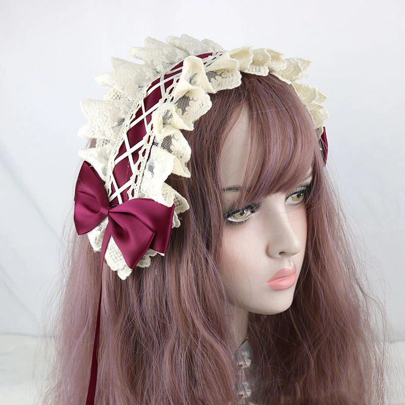 Punk Retro Gothic Lolita Headdress KC คอสเพลย์ Dark สีดำสไตล์แม่บ้านอะนิเมะลูกไม้โบว์ริบบิ้น Headband Kawaii อุปกรณ์เสริม