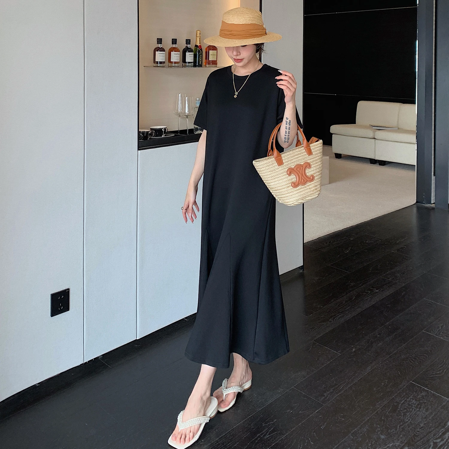 

plus Size Summer T-Shirt Dress Patchwork Loose Belly Covering Fish Tail Skirt Women's plus Size Clothing Slimming Effect