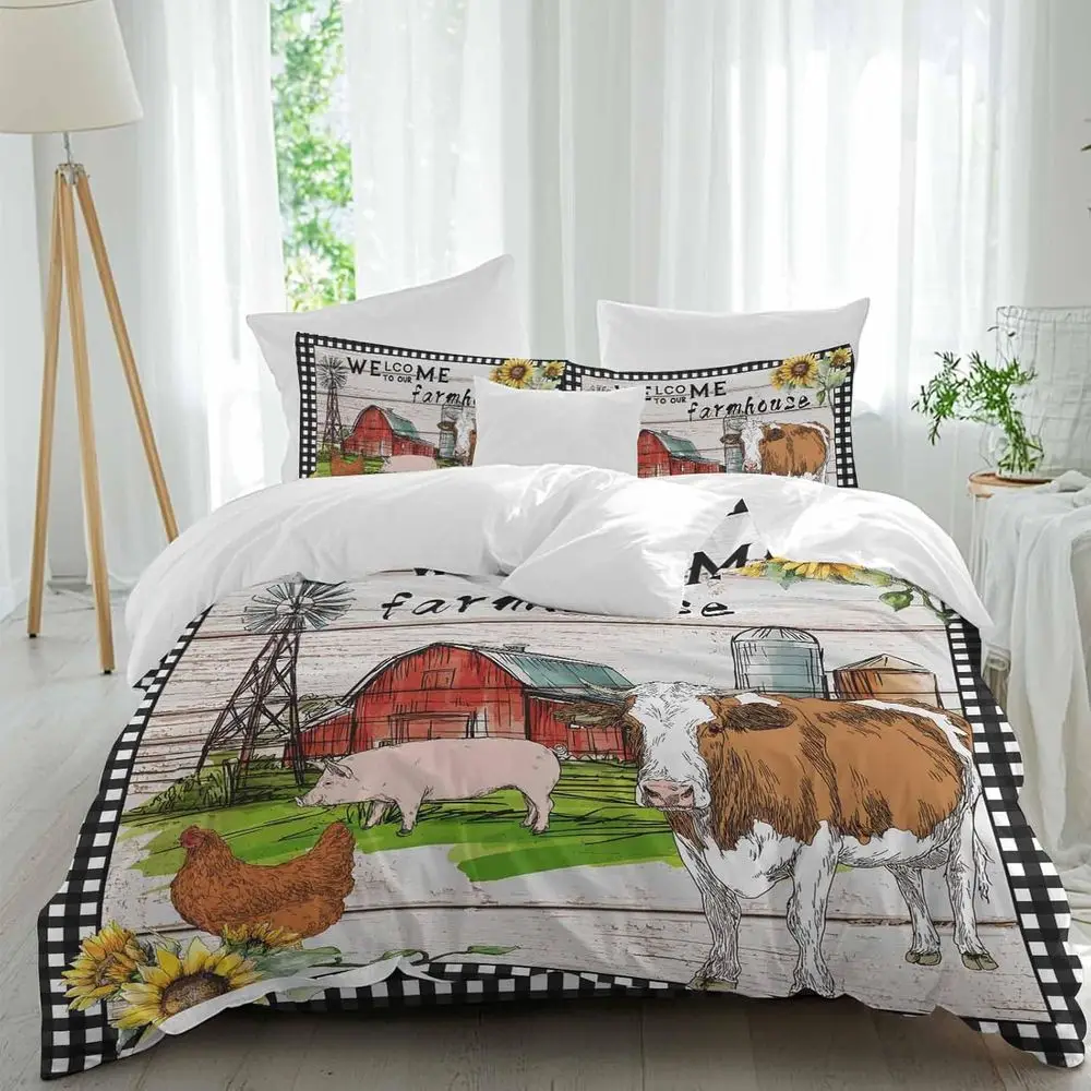 

armhouse Sheet Set, Barn Cow Pig Chicken Suower Wood Grain 4 Pieces Breathable Sot Duvet Cover Set Bedding Cozy Bed lat Sheets o
