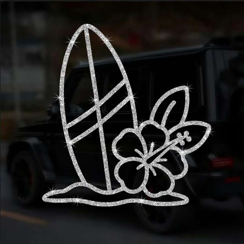 A Surfboard Inserted on the Beach Decorated with Hibiscus Flowers Sticker, Shiny Bright Sticker, Wall Sticker, Car Sticker