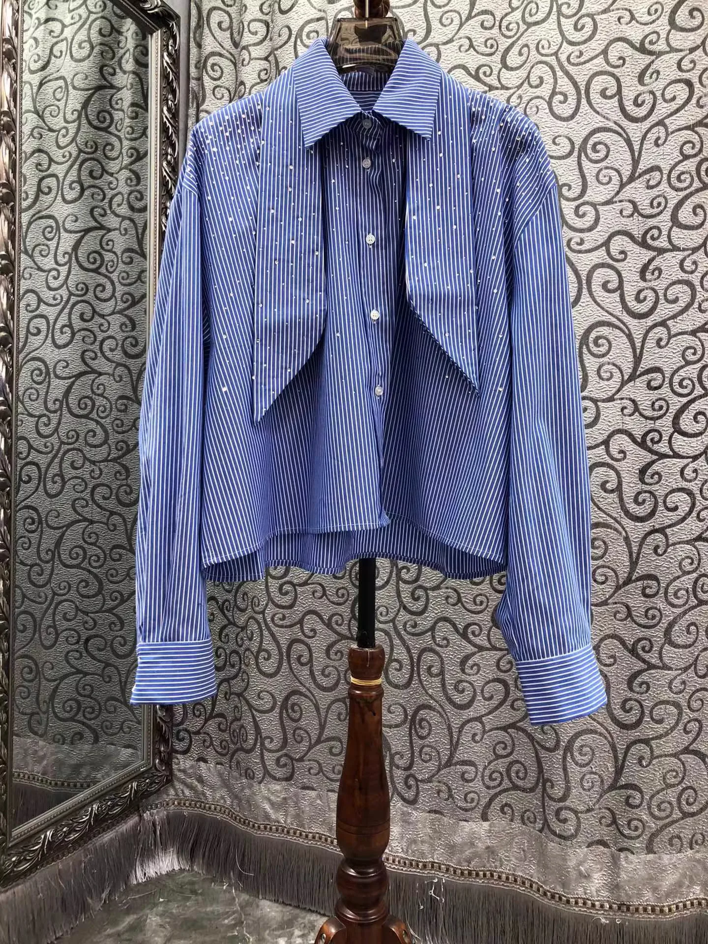 

100%Cotton Blouses 2026 Spring Style Women Bow Tie Elegant White Striped Print Beading Deco Long Sleeve Blue Casual Shirts