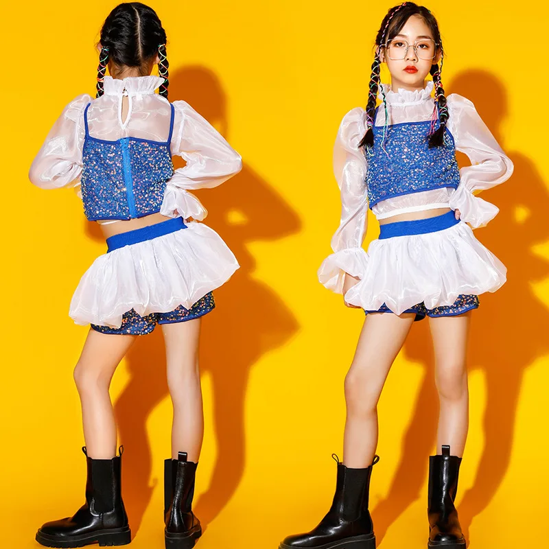 Hip Hop Girl Party Sequin Crop Top Patchwork Shorts Kids pantskirt Puff Sleeve Princess Clothes Set Child Culottes Stage Costume