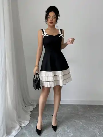 Women's mini suspender waist cinching cake tail dress