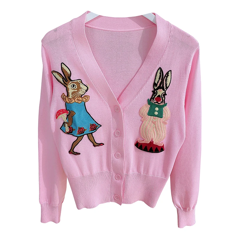 Cartoon Rabbit Embroidery Knitted Women\'s Sweater Cardigan Long Sleeve V-neck Tops Elegant Chic Fashion Ladies Jumpers Knitwear