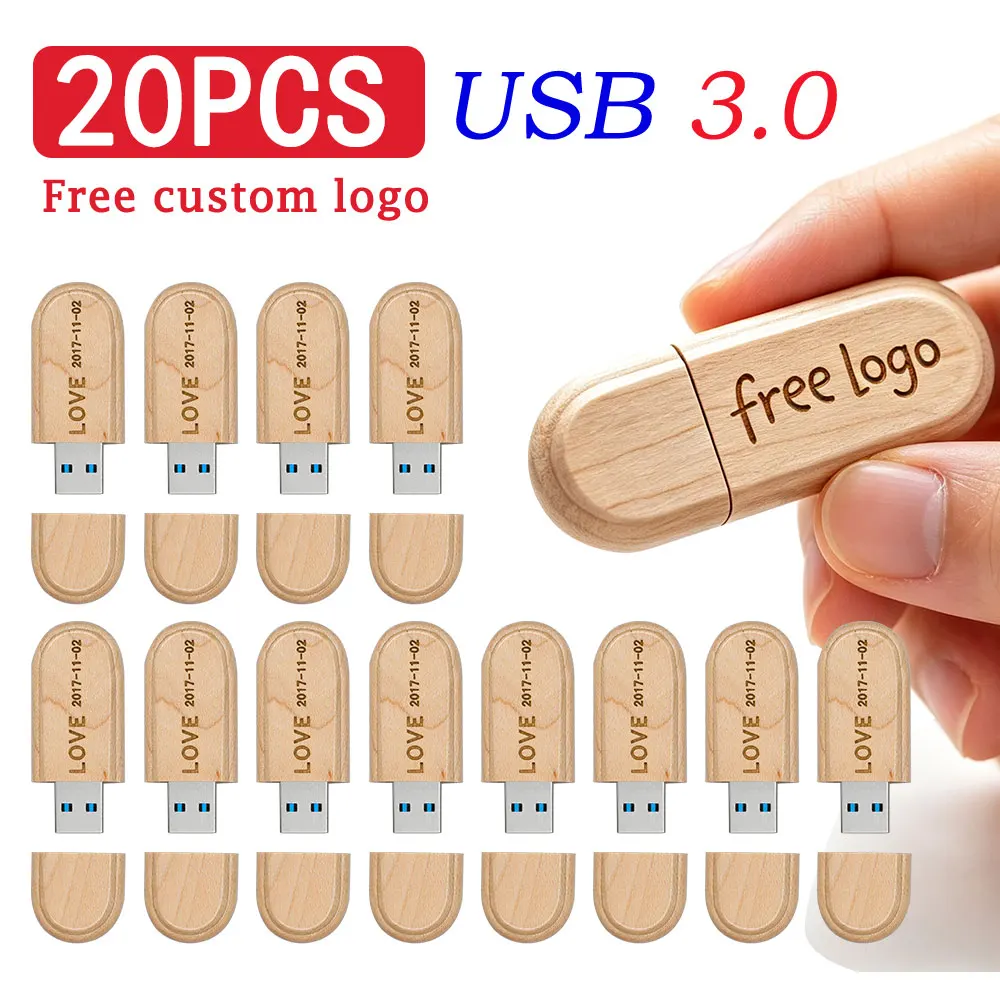 20PCS Free Custom Logo Wooden USB 3.0 Wood USB Flash Drive Pendrive 4GB 8GB 16GB 32GB 64GB Memory Stick Wholesale for Wedding