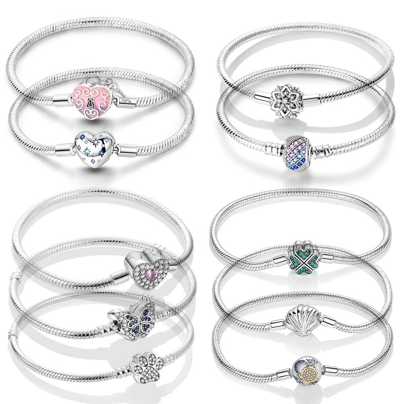 Fit Pan Charms 925 Silver Snake Chain Bracelet Women Heart Lock Butterfly Shell Clover Beads Bangle Luxury Fashion Jewelry Gift