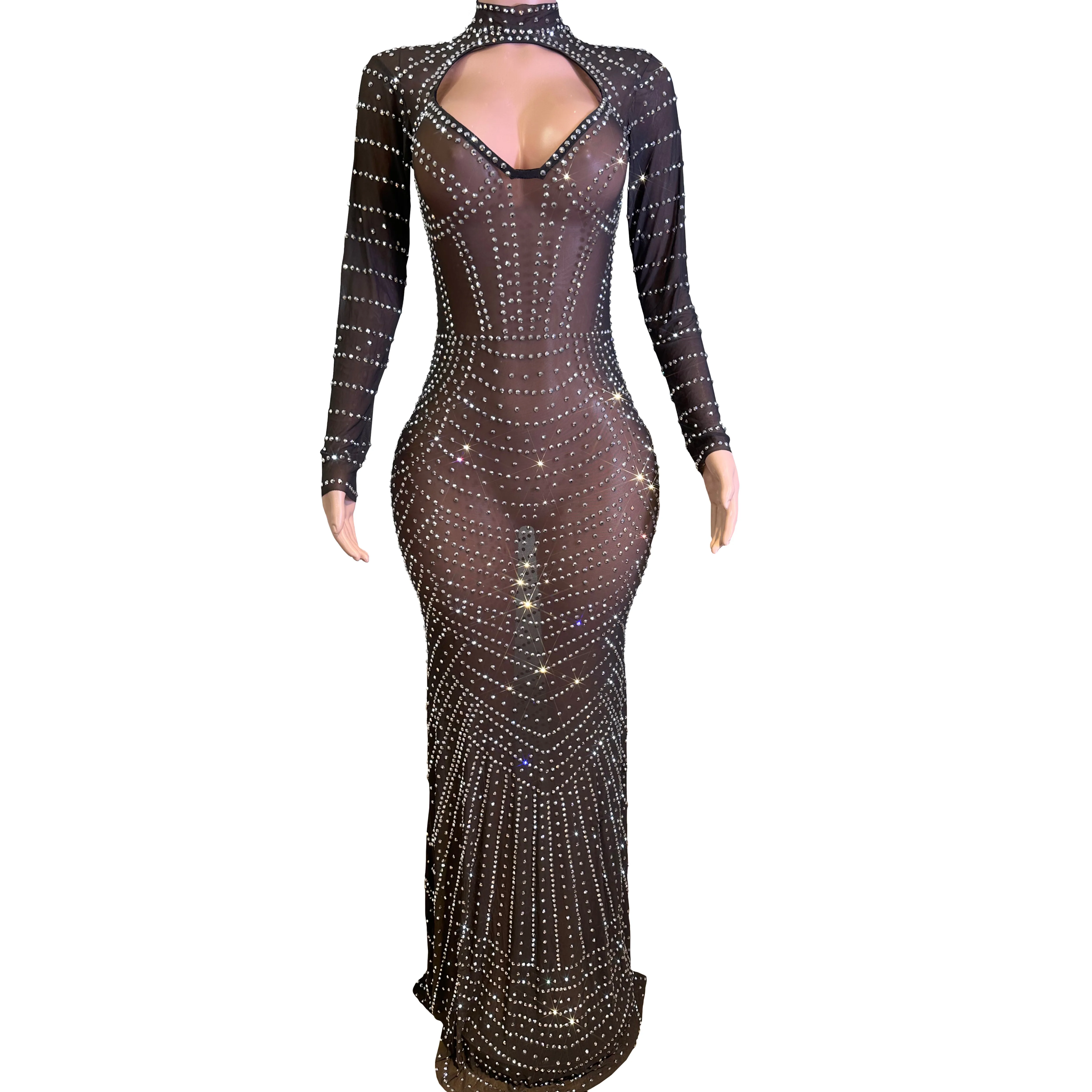 Sexy Perspective Mesh Full Diamond Slim Fit Long Skirt Nightclub Bar Female Singer DJ Stage Performance Dance Team Party Costume