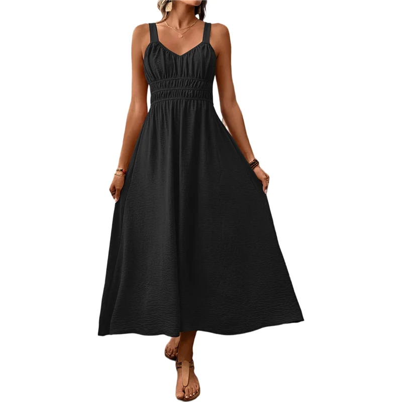 TEXU ผู้หญิง Smocked Maxi Dresses 2025 ฤดูร้อน Beach Sundress Casual สปาเก็ตตี้สายคล้อง Swing ยาว Flowy Dress
