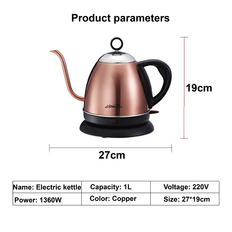 1L ไฟฟ้ากาต้มน้ํา Long Spout เครื่องชงกาแฟ 304 กาน้ําชาสแตนเลสในครัวเรือน Quick กาต้มน้ํา Auto Power Off เครื่องมือห้องครัว 1360W