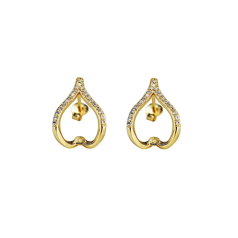 

925 Sterling Silver Earrings 5-6mm Pearl Round Beads Semi Mount Stud Earrings Setting Cubic Zirconia CZ