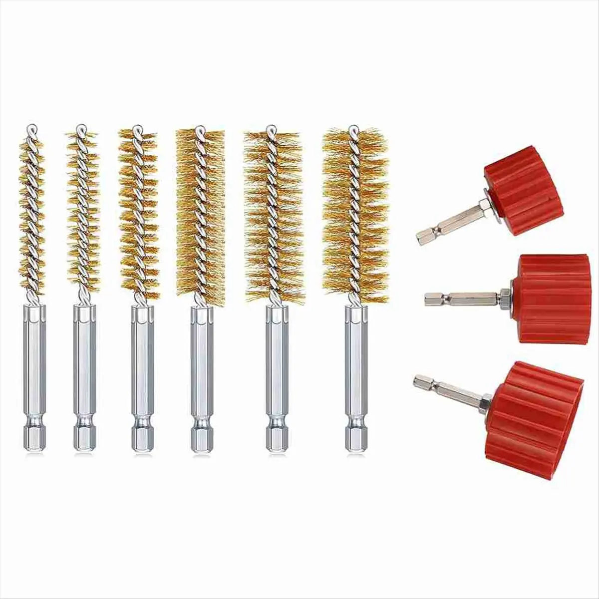 L63A 9 Piece 1/2 Inch 3/4 Inch 1 Inch Copper Pipe Cleaner for Power Drill, Tube Cleaning Brush,with Copper Wire Bore Brushes