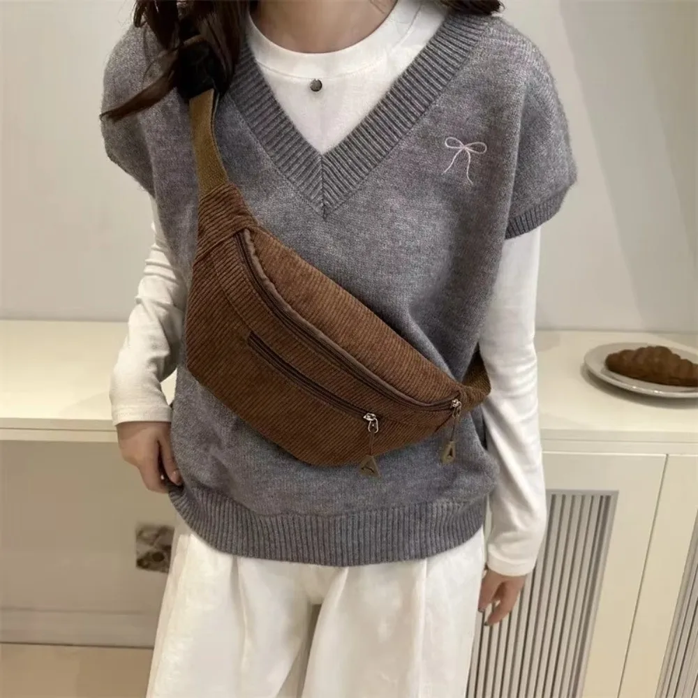 Fashion Large Capacity Waist Bag Brown Corduroy Anti Theft Chest Bag Crossbody Bag Women