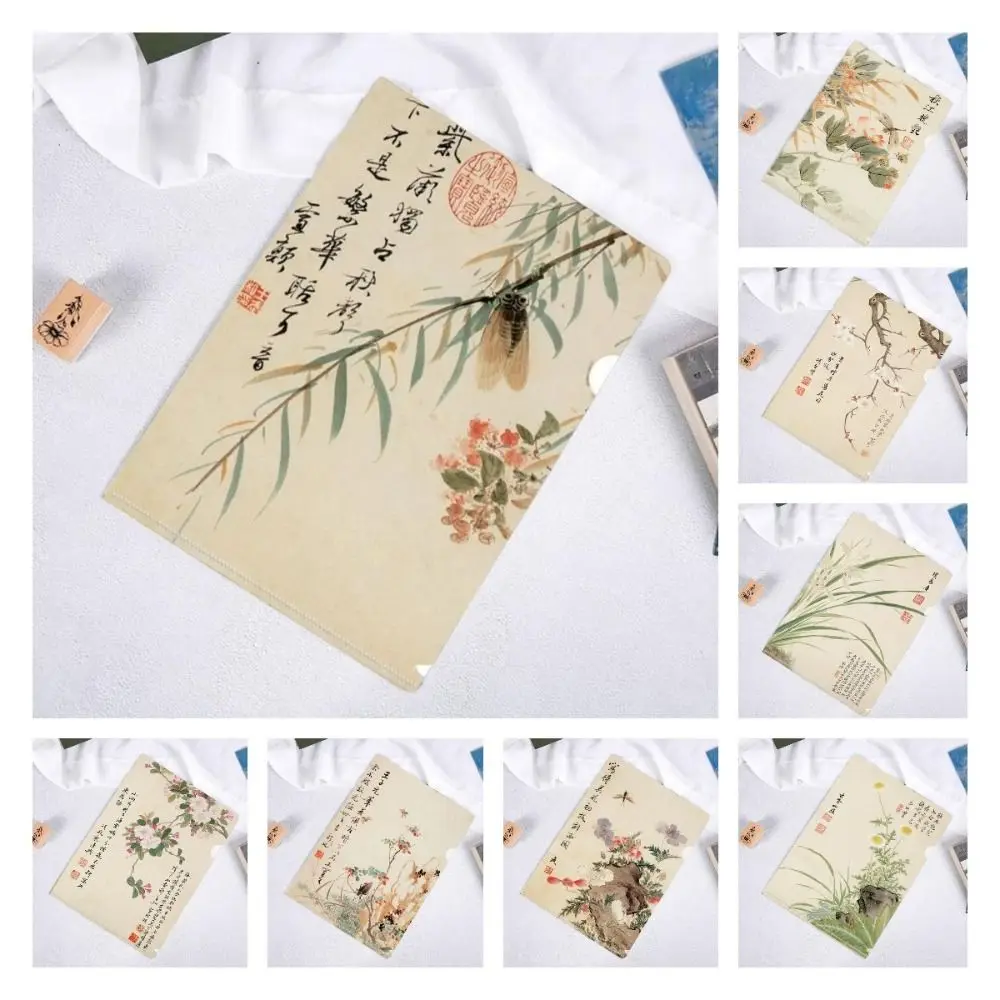 Pintura Estilo Flor e Pássaro Saco de Armazenamento de Documentos Peça Única, Estilo Tradicional Chinês, Documentos de Escritório Estudantil, A4