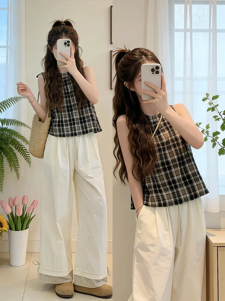 

Summer New plus Size Fashion Set Korean Style White Casual Pants Sleeveless Plaid Top Comfortable Breathable Women's Ensemble