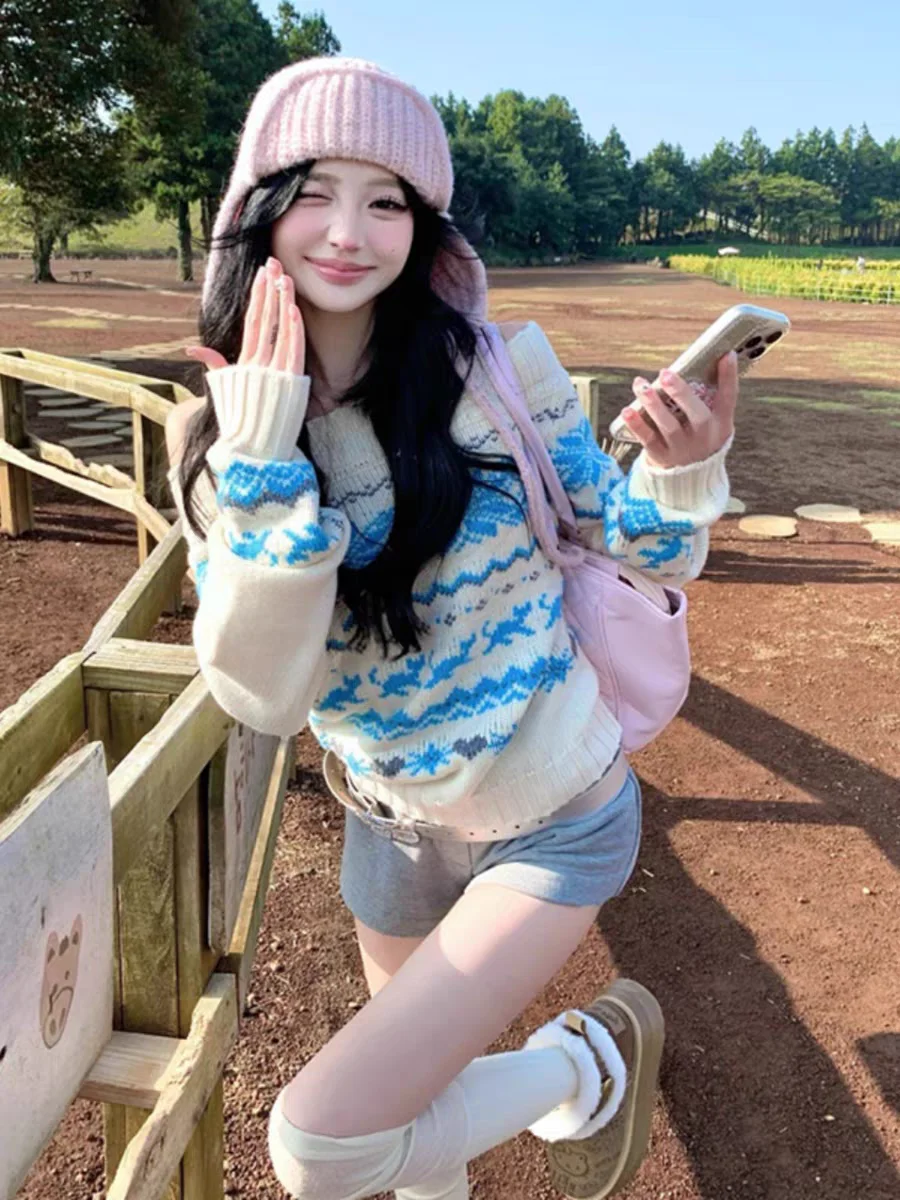 เสื้อสเวตเตอร์ถักลาย Fair Isle สไตล์เรโทรนอร์ดิกสำหรับผู้หญิง ฤดูใบไม้ร่วง ฤดูหนาว ดีไซน์เปิดไหล่ ให้ความรู้สึกหรูหรา สวยงาม