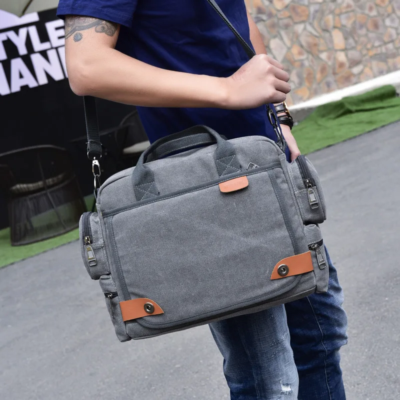 Multi-layered canvas men's single-shoulder bag, business casual, hand-carry crossbody, computer storage briefcase