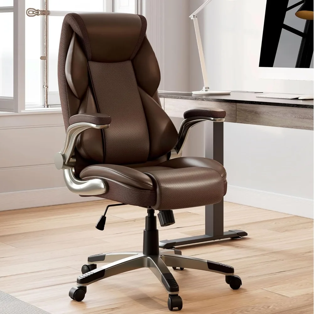 Silla de oficina ejecutiva, reposabrazos abatible hacia arriba, silla de escritorio ergonómica, silla de ordenador de piel sintética, silla de oficina con respaldo alto y reposacabezas