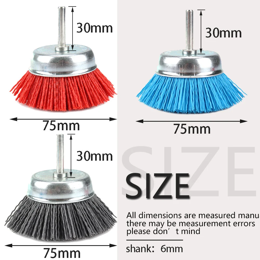 1/3pcs 3inch 75mm Nylon Filament Abrasive Wire Cup Brush 80-240 Grit  with 1/4 Inch Shank  for Removal of Rust/Corrosion/Paint