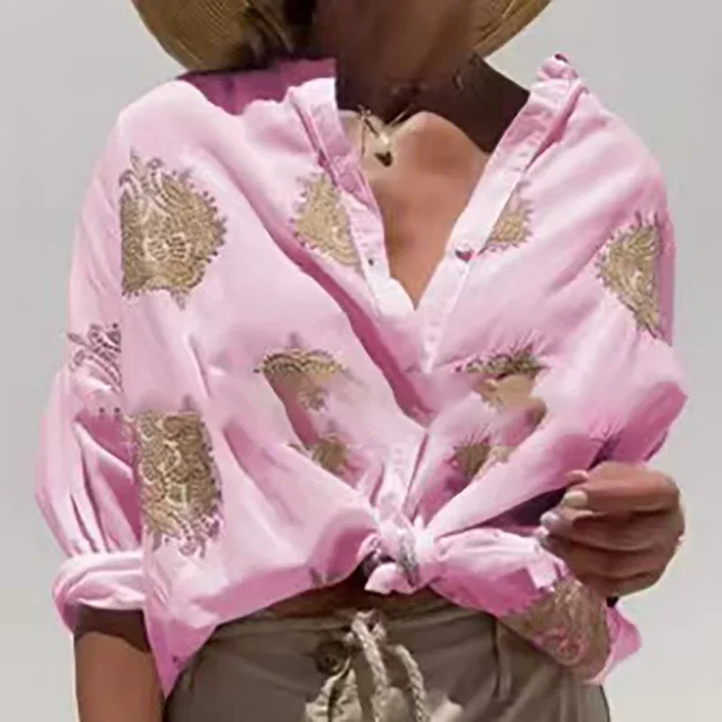 FDEY Autumn Pattern Printed Loose Shirts New Casual Single Breasted Bohemian Tops Elegant Long Sleeve Commuter Women's