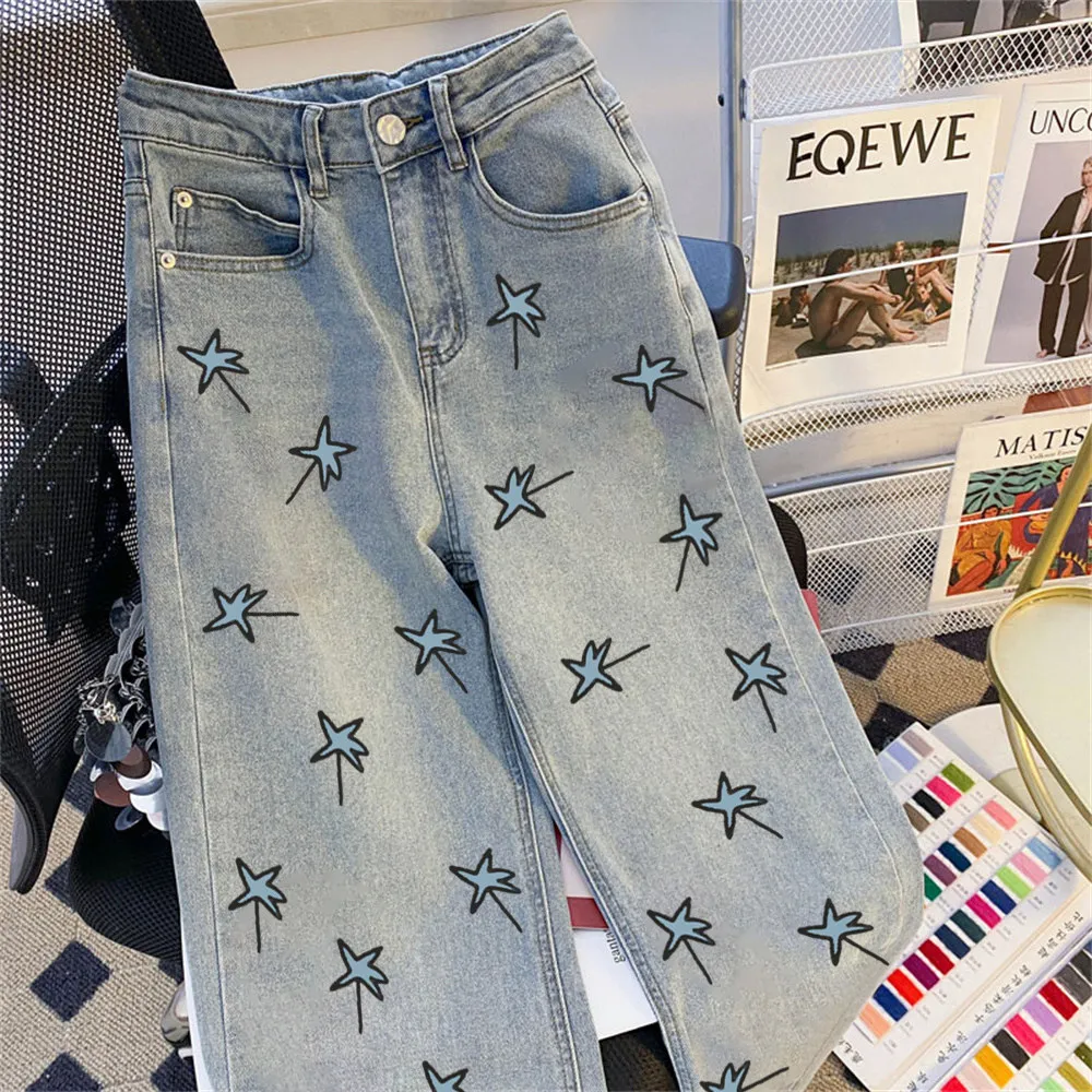 Personalized Stars Print Women's Jeans 2026 Spring New American Style High Street Straight Wide Leg Pants Zipper Blue Trousers