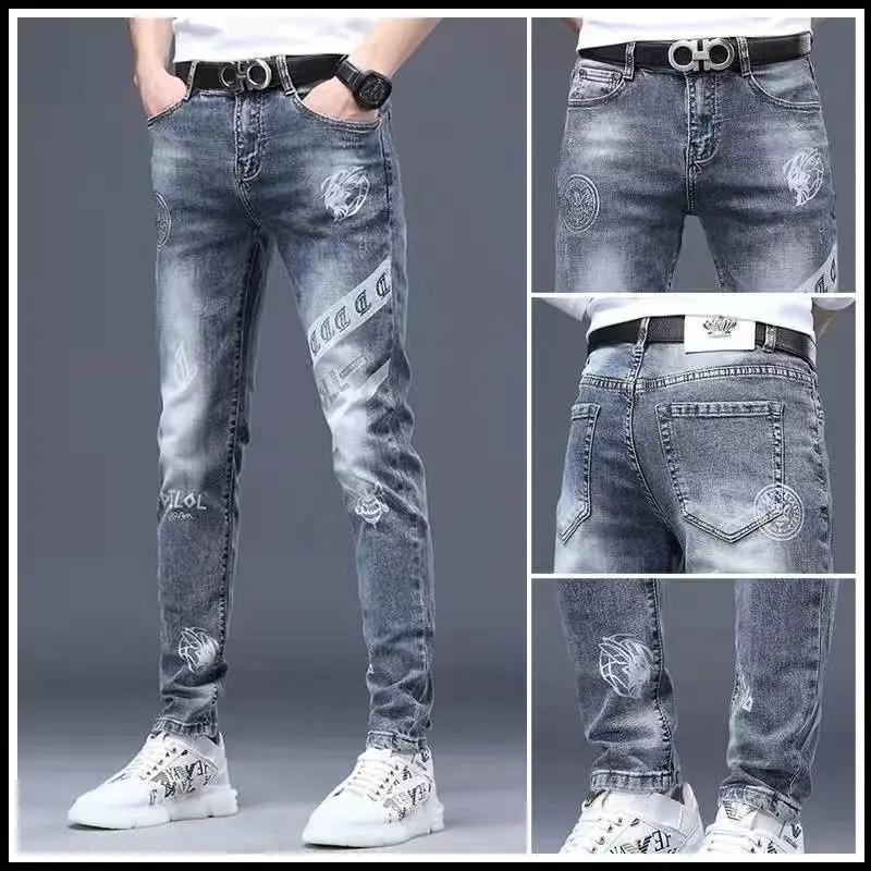 Men's Clothing Spring and Summer high quality Jeans Trendy Brand Ripped Hot Drilling Slim-fit Skinny Pants Trousers