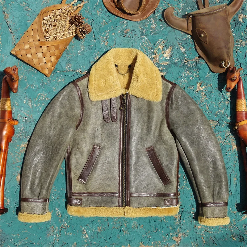 

Мужская куртка-бомбер B6 из натуральной кожи ягненка цвета хаки с длинными рукавами, на молнии, для максимального тепла