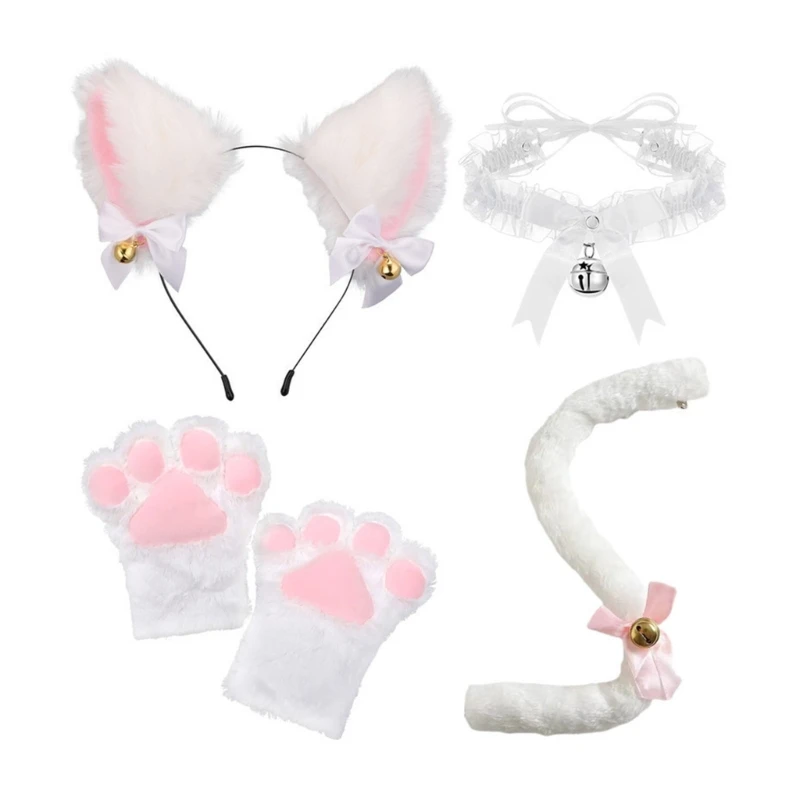 3/4Pcs Costume for Kids-Cat Ears Headband Tail Tail Choler Gloves Halloween Cosplay Accessories