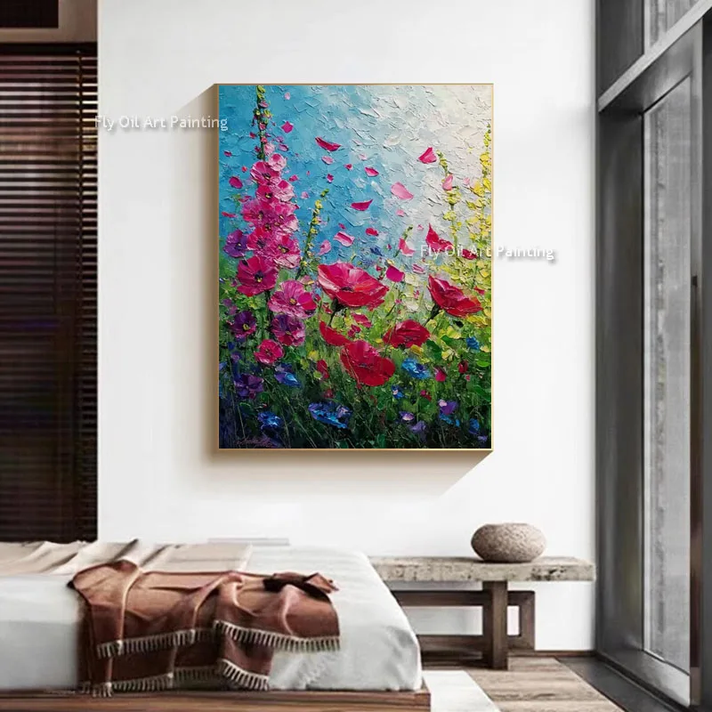 Vibrant Poppy Floral Canvas Art, Handmade Palette Knife Thick Impasto Oil Painting, Vertical Wall Decor