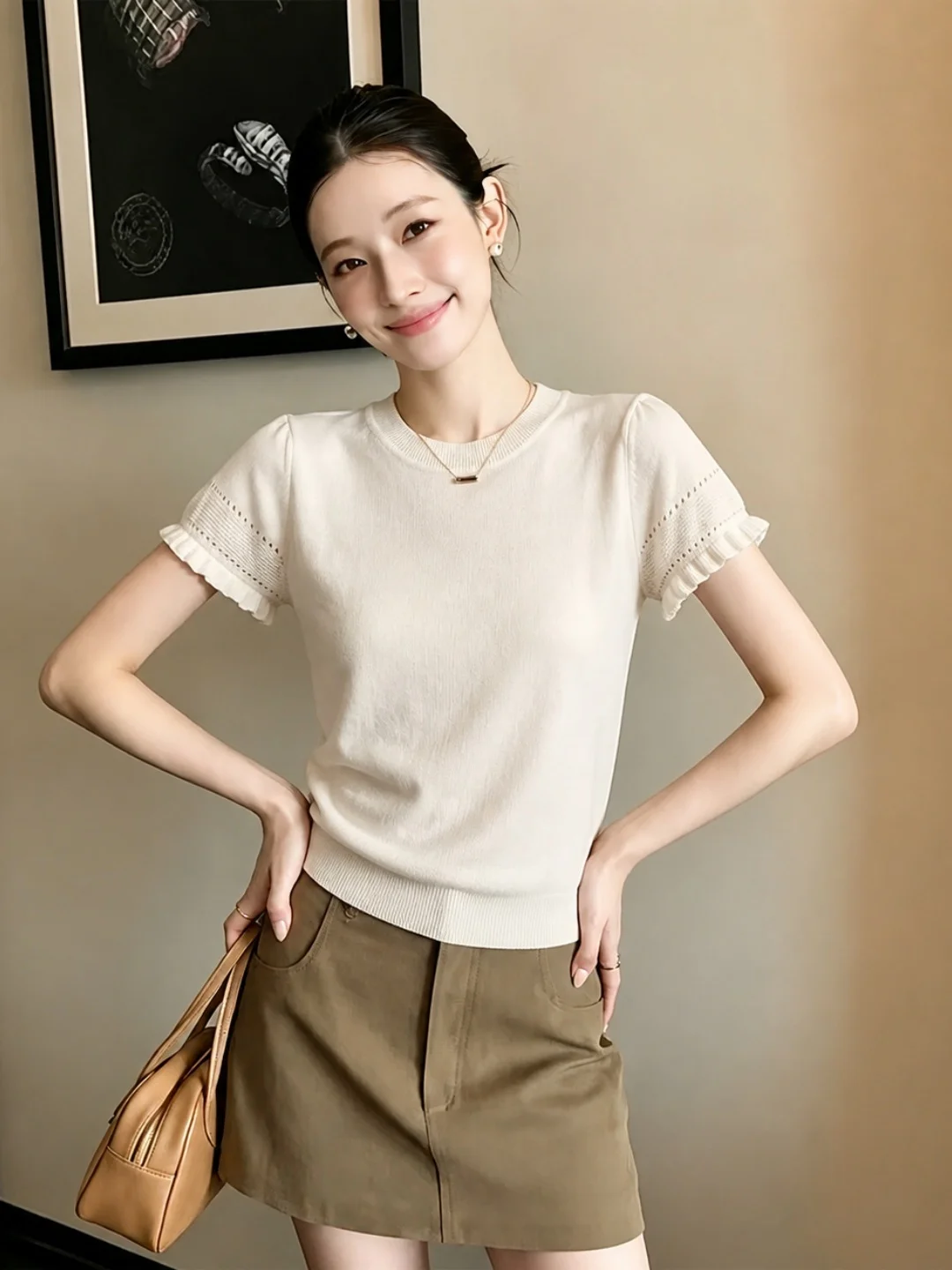

Chic Summer Commute Style Women's Short Sleeve Knitwear round Neck Comfortable Versatile Stylish Slimming Korean Straight Cut
