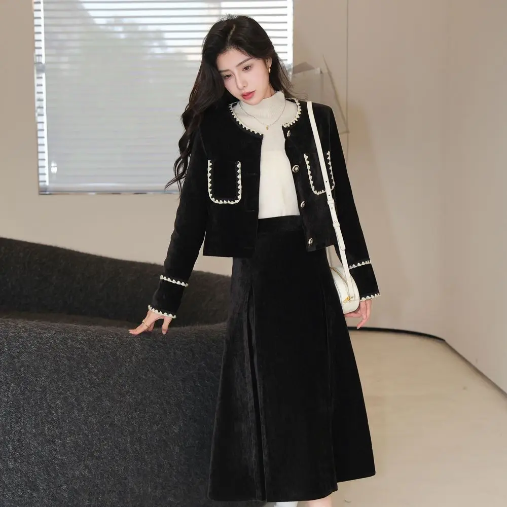 Korean Two-Piece Small Fragrant Style Short Long-Sleeved Jacket High-Waisted Long Skirt Autumn Winter Thickened High-End Suit