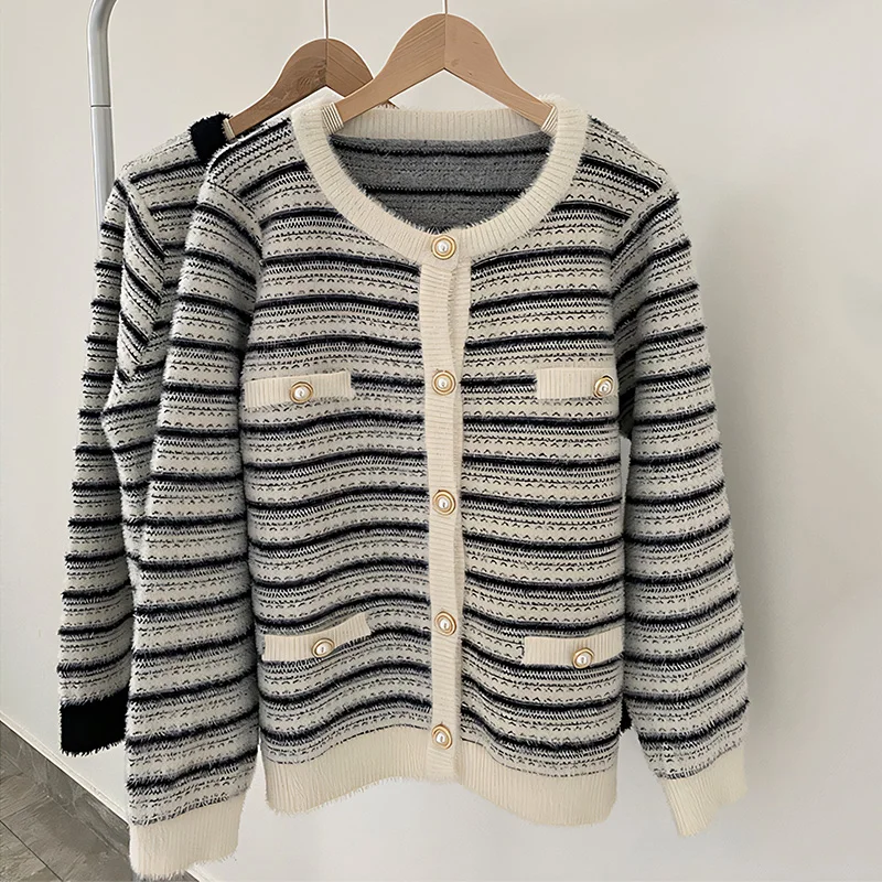 

Fashion Striped Faux Mink Women's Knitting Cardigans 2025 New Autumn Single Breasted Loose Female Sweater Outerwear