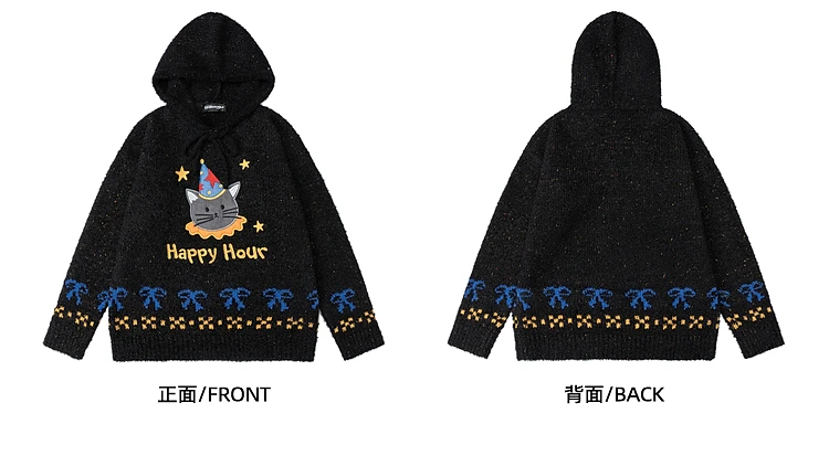2025 outono inverno novo unisex bonito dos desenhos animados gato carta arco bordado preto damasco solto casual camisola com capuz
