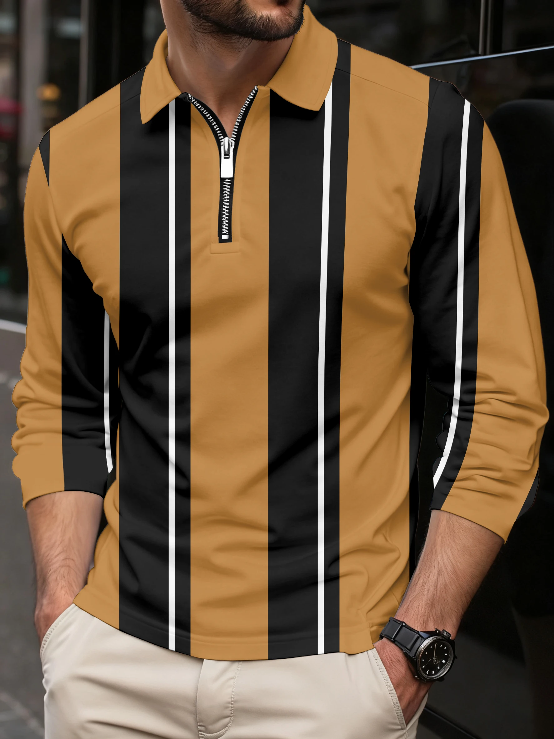 

Striped Color Block Print Polo Shirts for Men Fashion Sport Lapel Golf T-Shirt Men Top Casual Commercial Long Sleeve T-Shirt Man